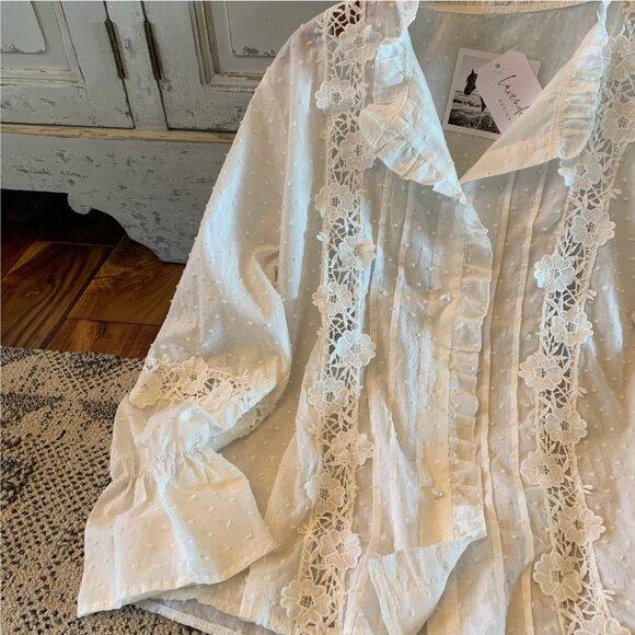 Long Sleeve Button Front White Cotton Top Women's Clothing - Picture 5 of 6